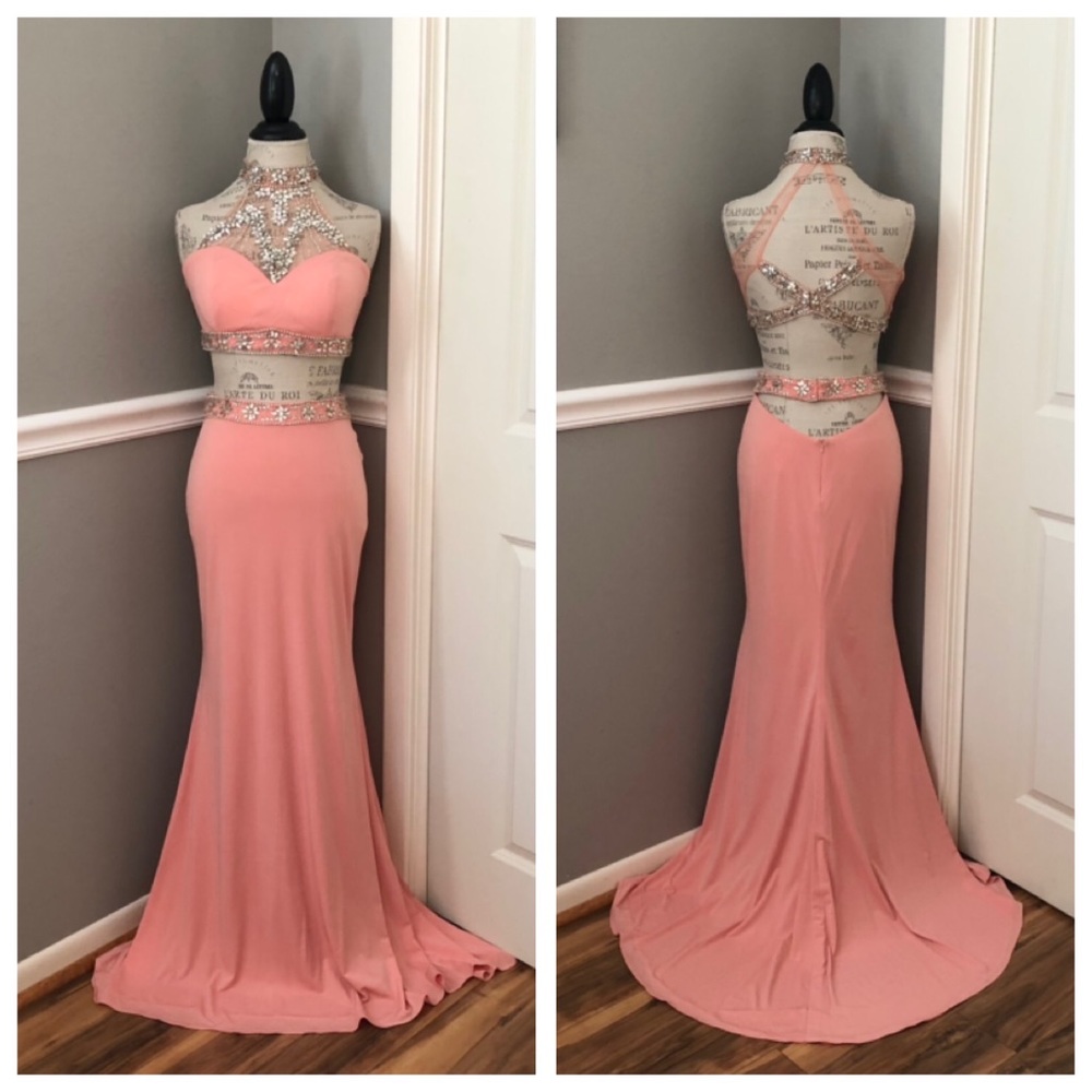 🔴CLEARANCE NEW ALYCE PARIS SZ 6 PINK CORAL TWO PIECE BEAD ILLUSION EVENING GOWN